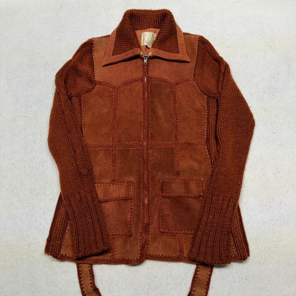 Vintage Exclusive Imports Suede Panel Patchwork Knit Zip Jacket Brown Medium